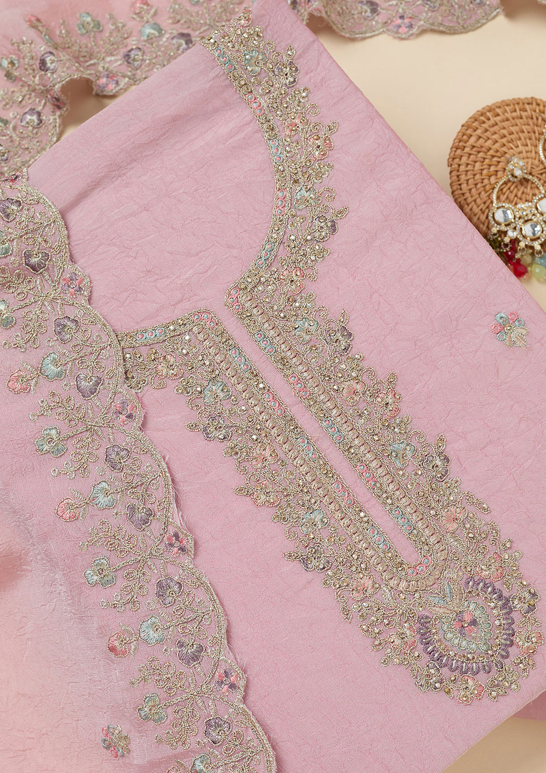 Pink Zariwork (Gold) Chinon Unstitched Salwar Suit