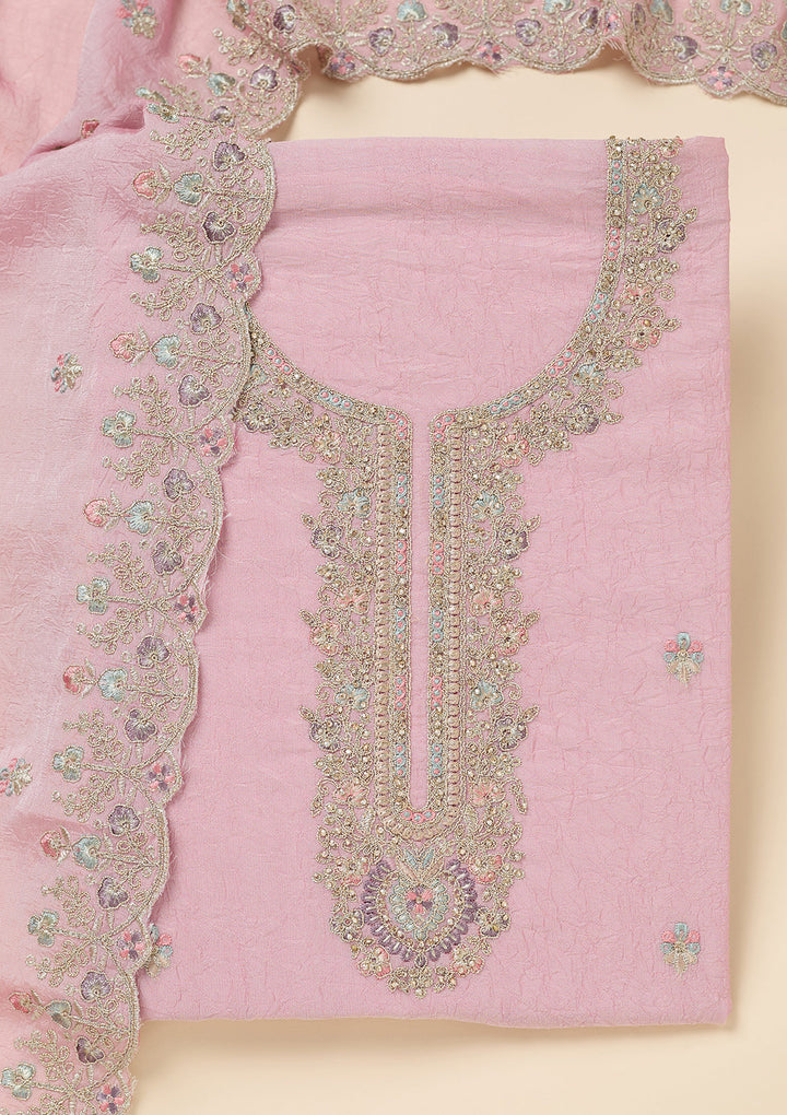 Pink Zariwork (Gold) Chinon Unstitched Salwar Suit