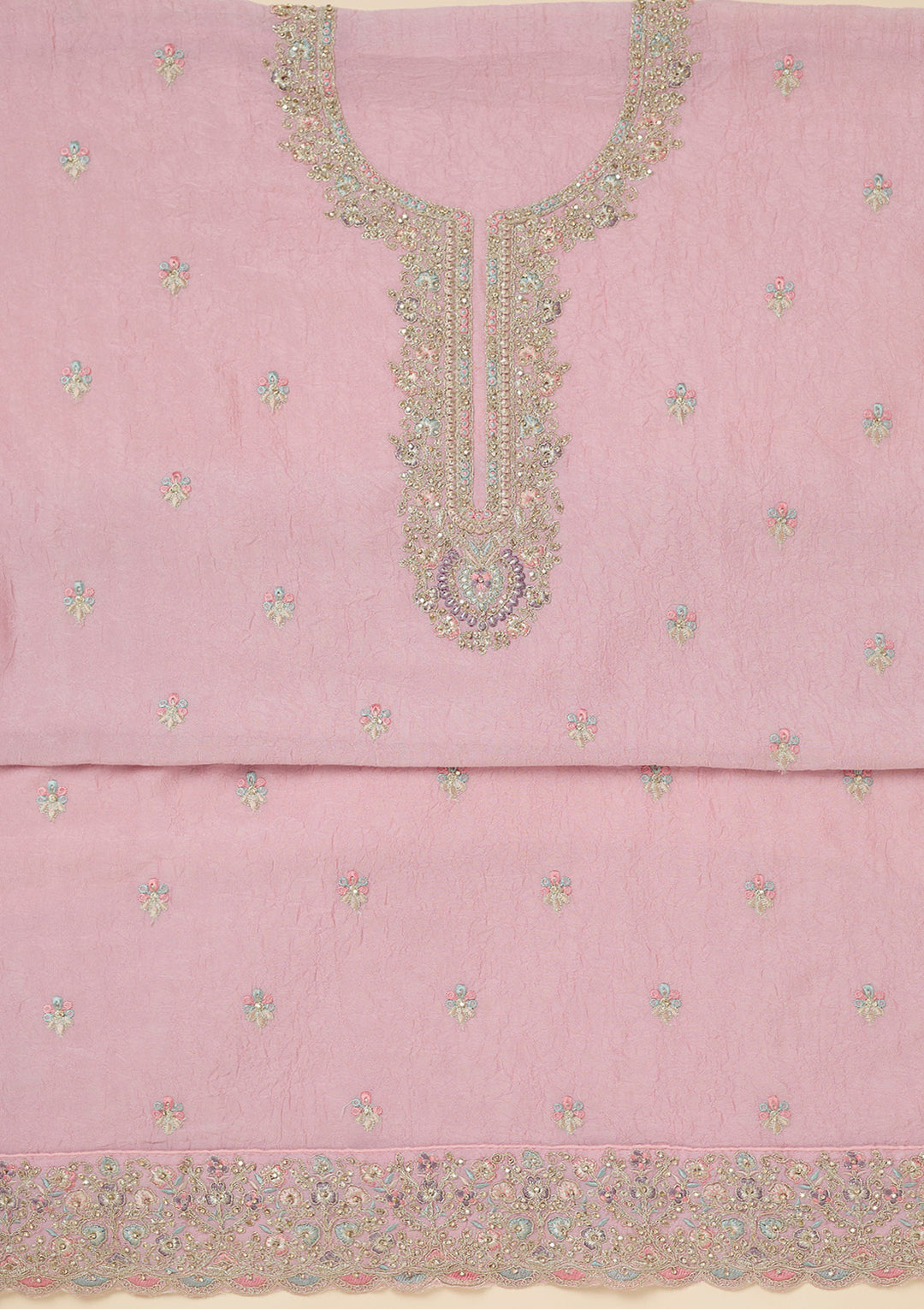Pink Zariwork (Gold) Chinon Unstitched Salwar Suit