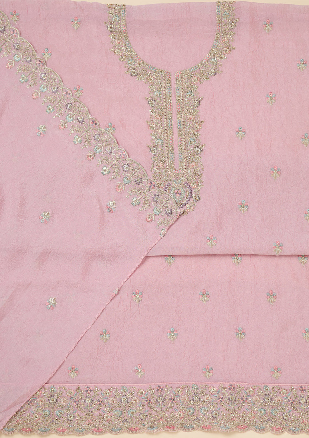 Pink Zariwork (Gold) Chinon Unstitched Salwar Suit