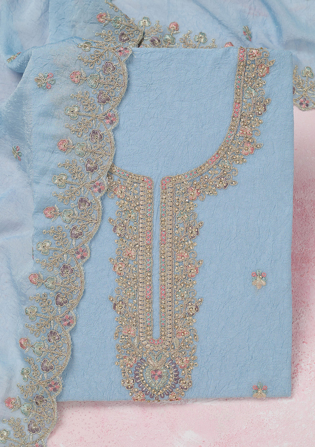 Sky Blue Zariwork (Gold) Chinon Unstitched Salwar Suit