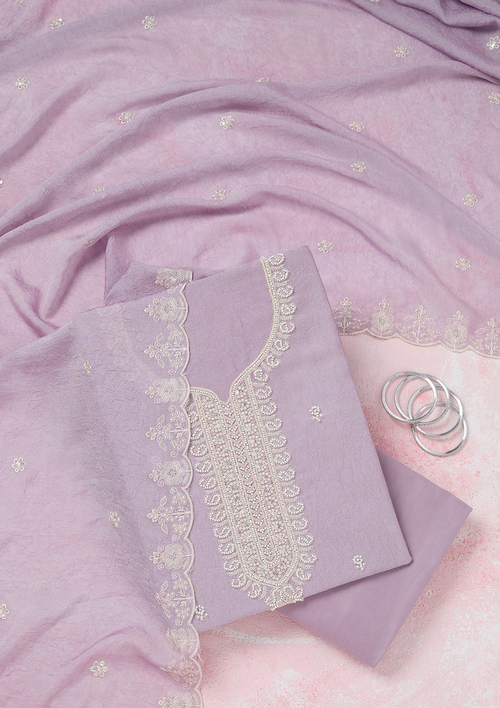 Lavender Pearlwork Soft Raw Silk Unstitched Salwar Suit