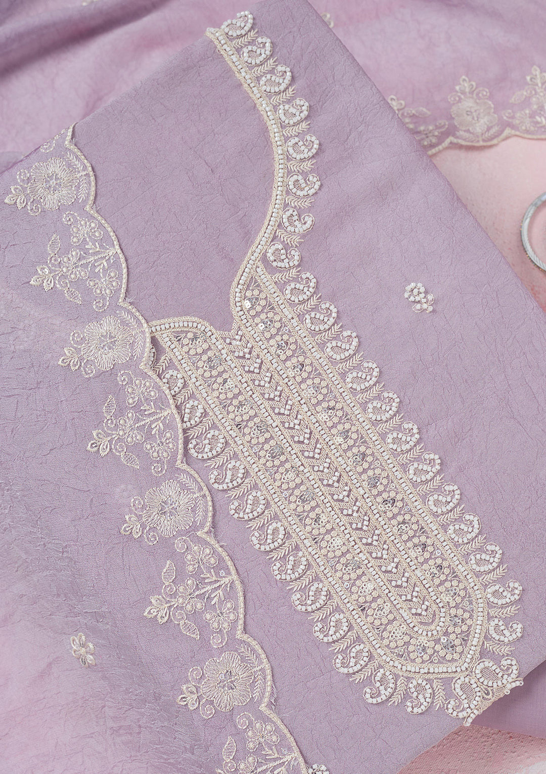 Lavender Pearlwork Soft Raw Silk Unstitched Salwar Suit