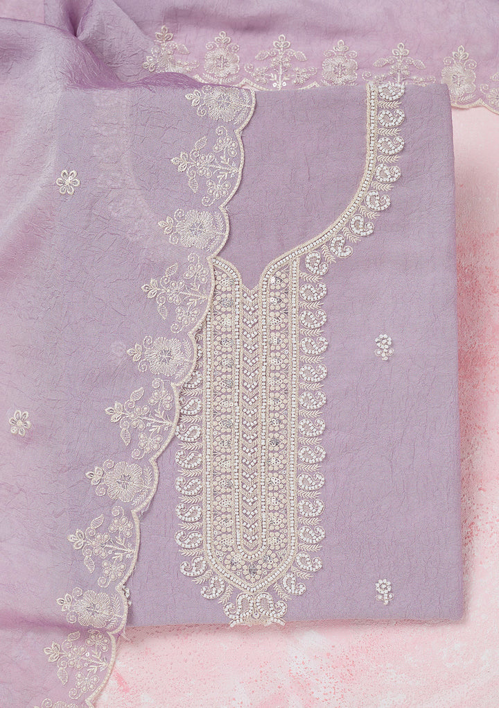 Lavender Pearlwork Soft Raw Silk Unstitched Salwar Suit
