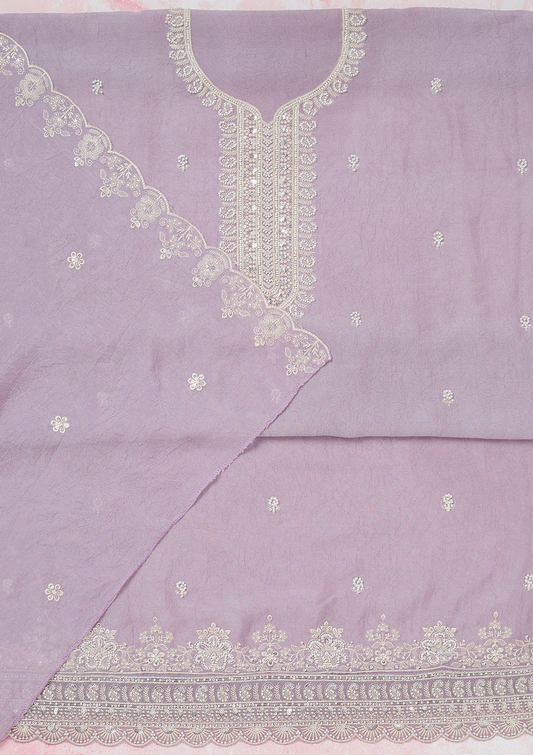 Lavender Pearlwork Soft Raw Silk Unstitched Salwar Suit