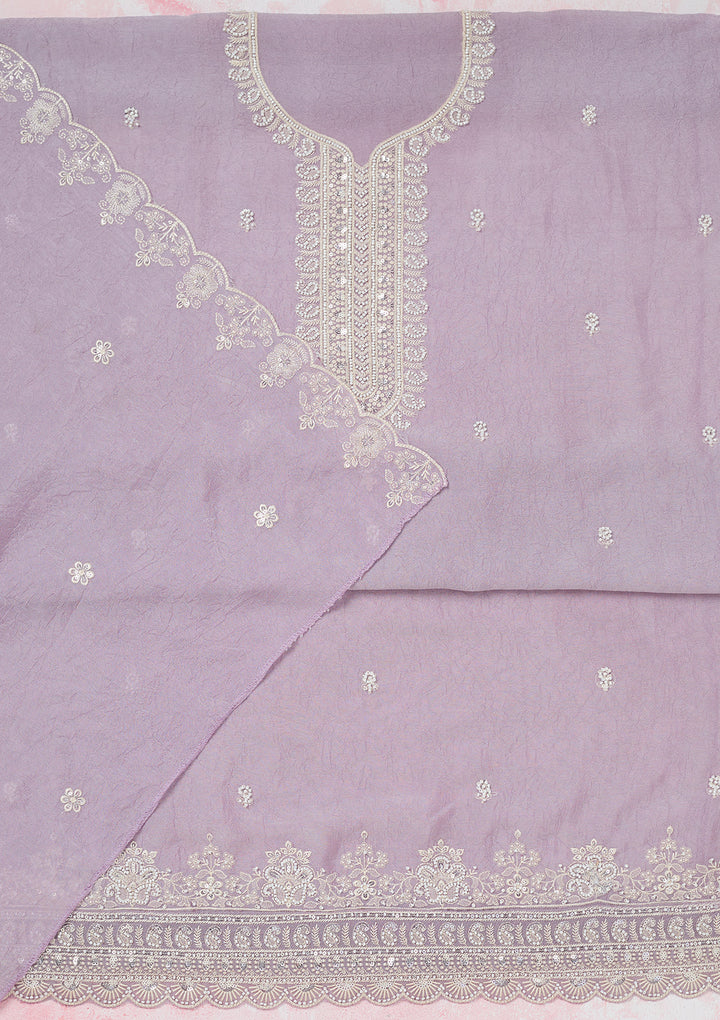 Lavender Pearlwork Soft Raw Silk Unstitched Salwar Suit