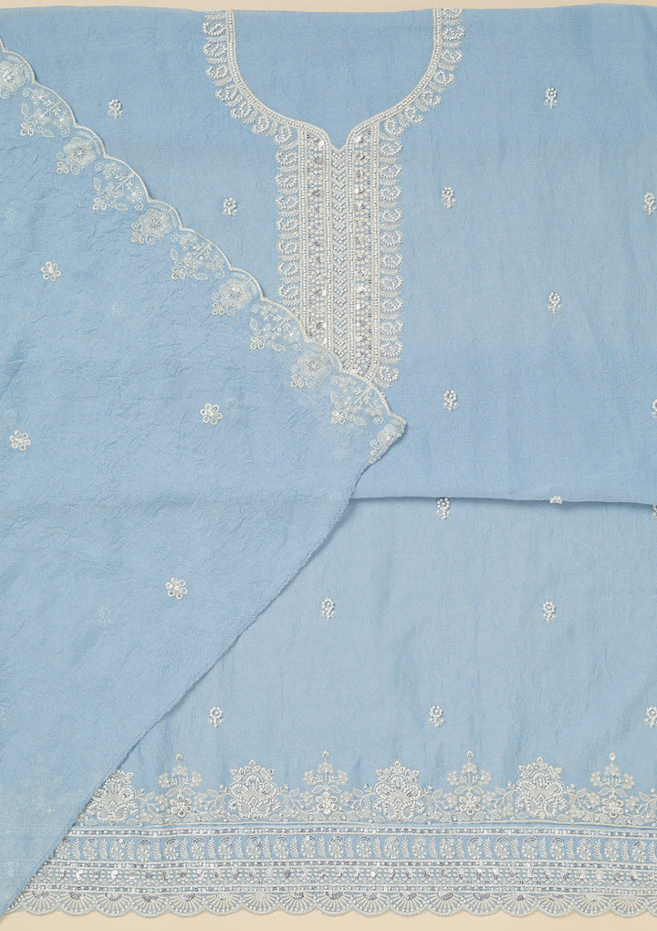 Sky Blue Pearlwork Soft Raw Silk Unstitched Salwar Suit