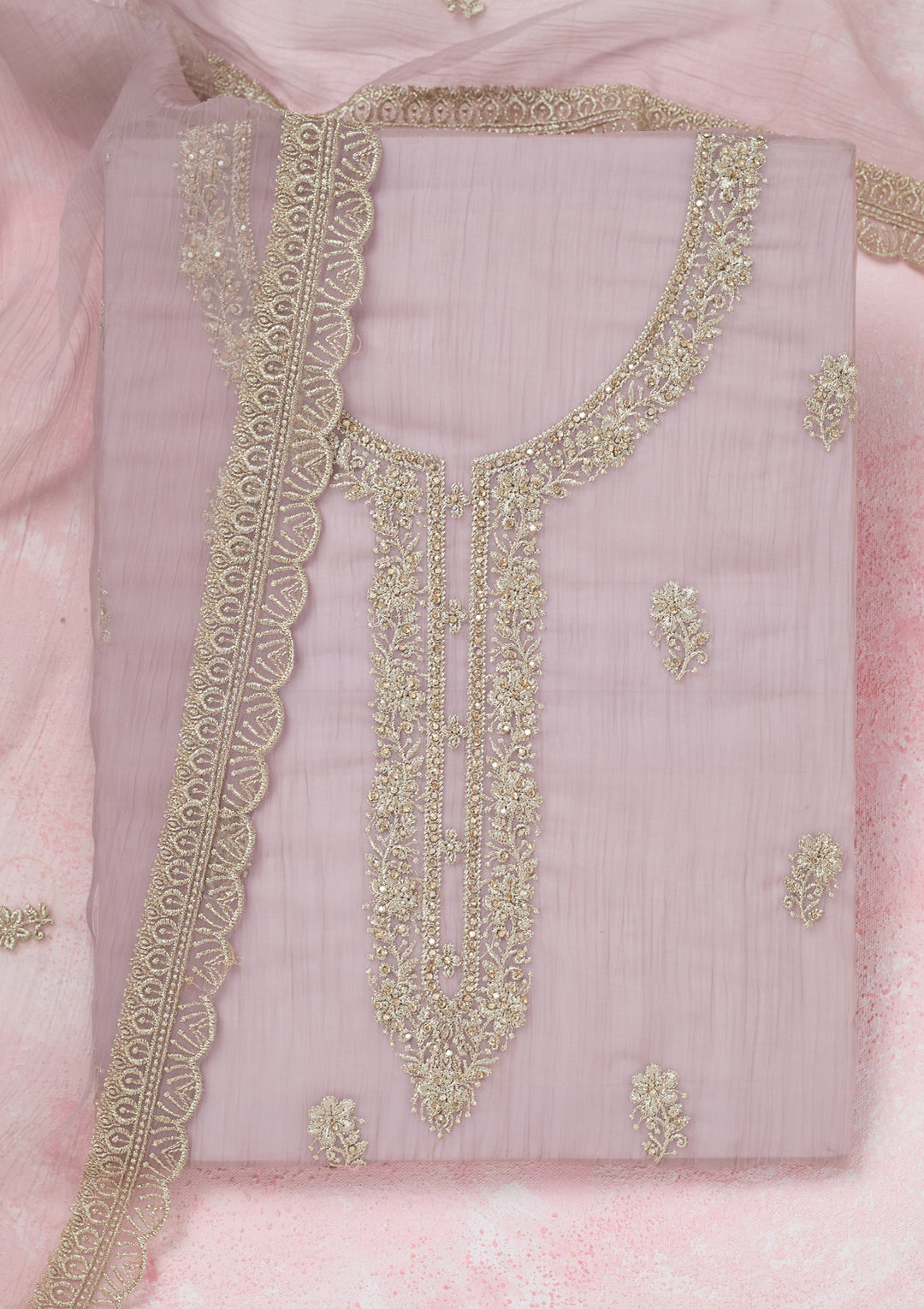 Lavender Zariwork (Gold) Chiffon Unstitched Salwar Suit