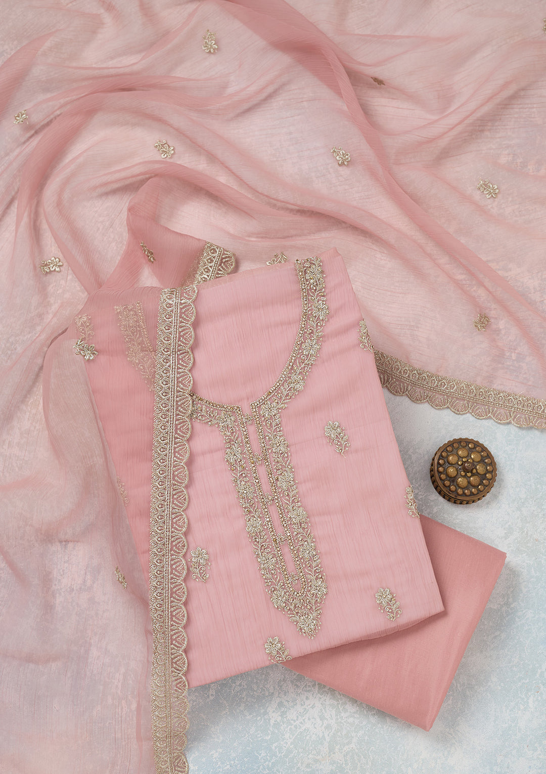 Pink Zariwork (Gold) Chiffon Unstitched Salwar Suit