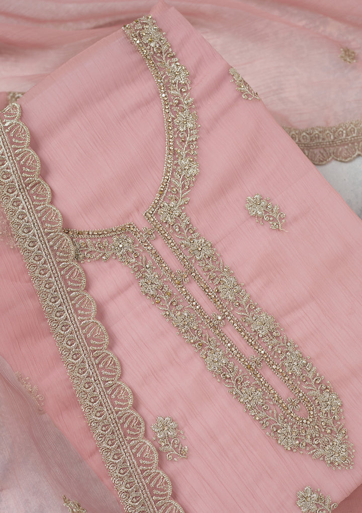 Pink Zariwork (Gold) Chiffon Unstitched Salwar Suit