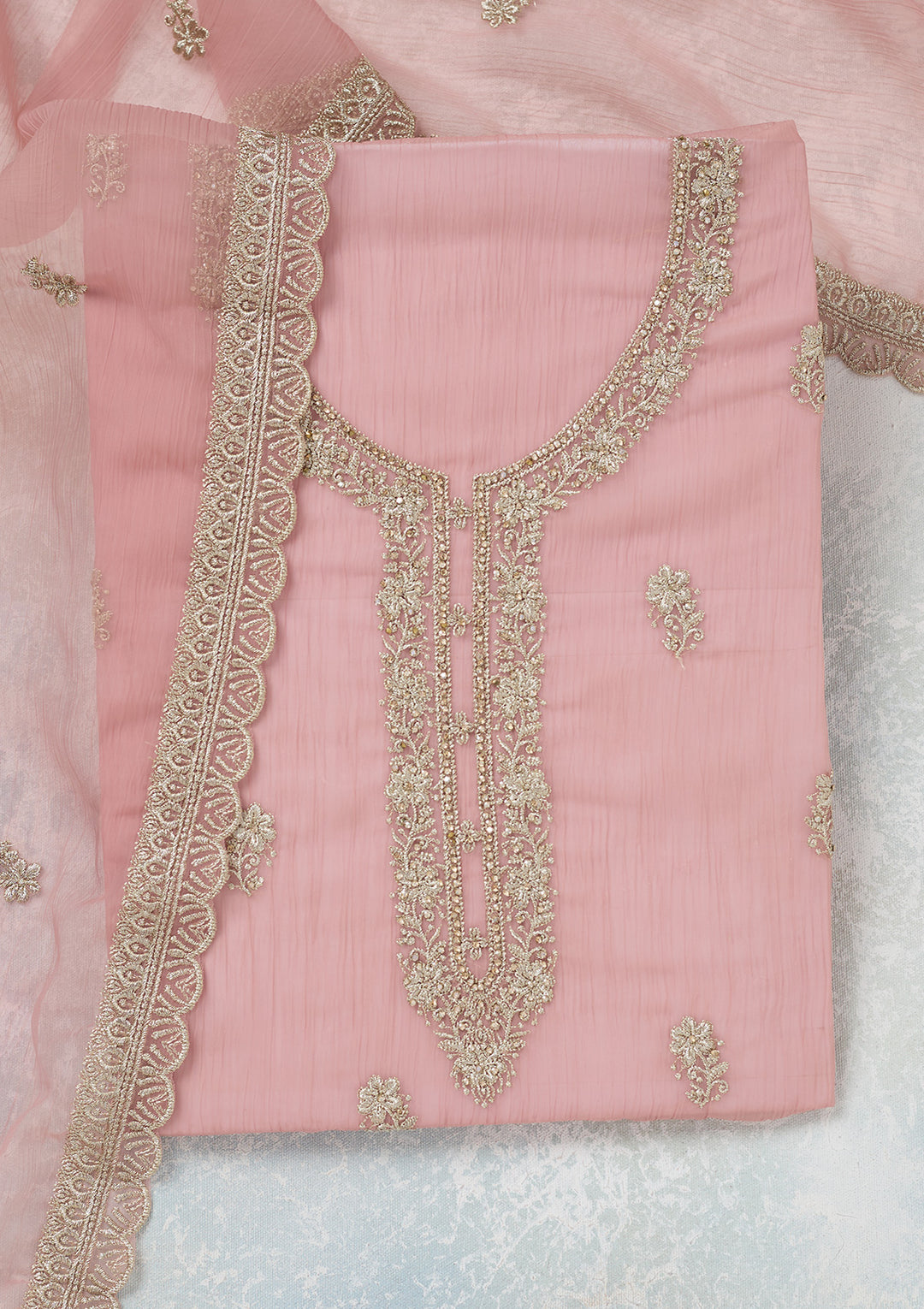 Pink Zariwork (Gold) Chiffon Unstitched Salwar Suit