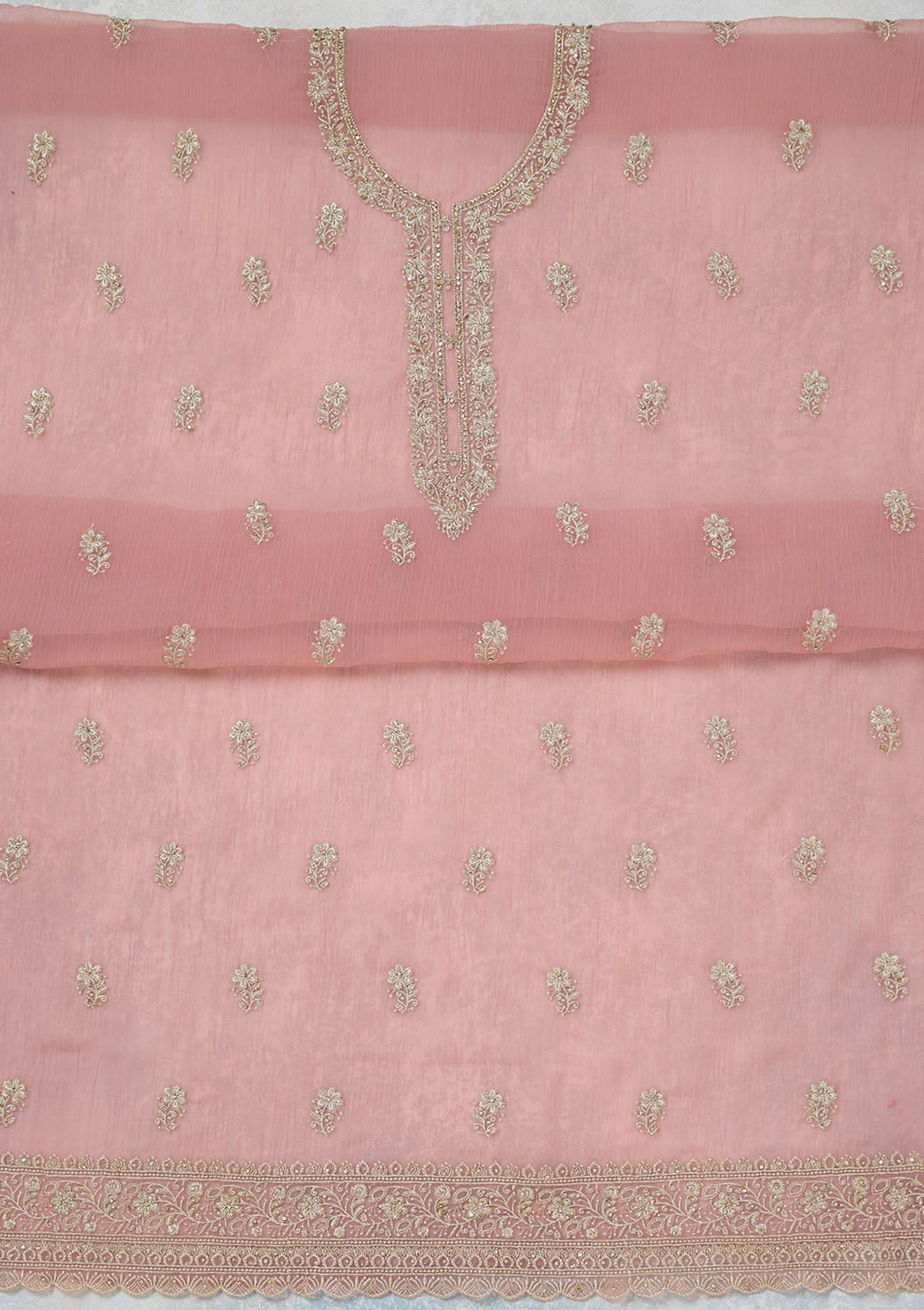 Pink Zariwork (Gold) Chiffon Unstitched Salwar Suit