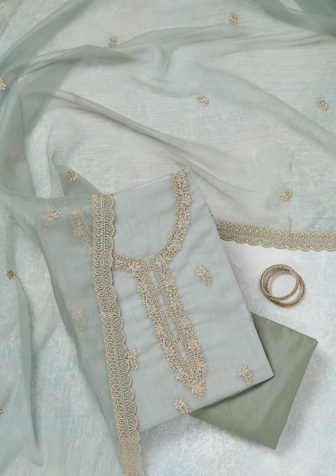 Sea Green Zariwork (Gold) Chiffon Unstitched Salwar Suit