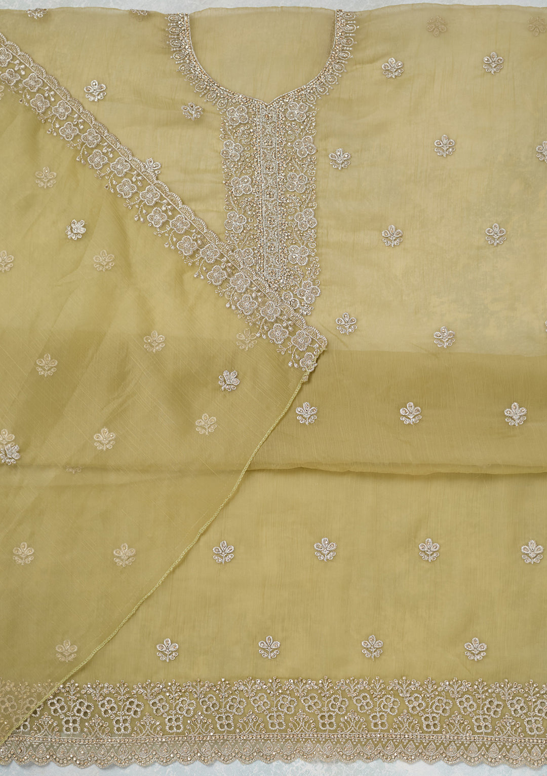 Pista Green Zariwork (Gold) Chinon Unstitched Salwar Suit