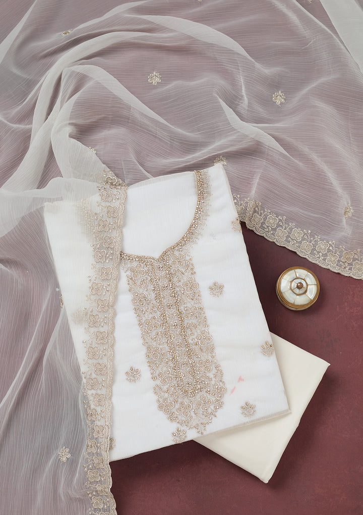 White Zariwork (Gold) Chinon Unstitched Salwar Suit