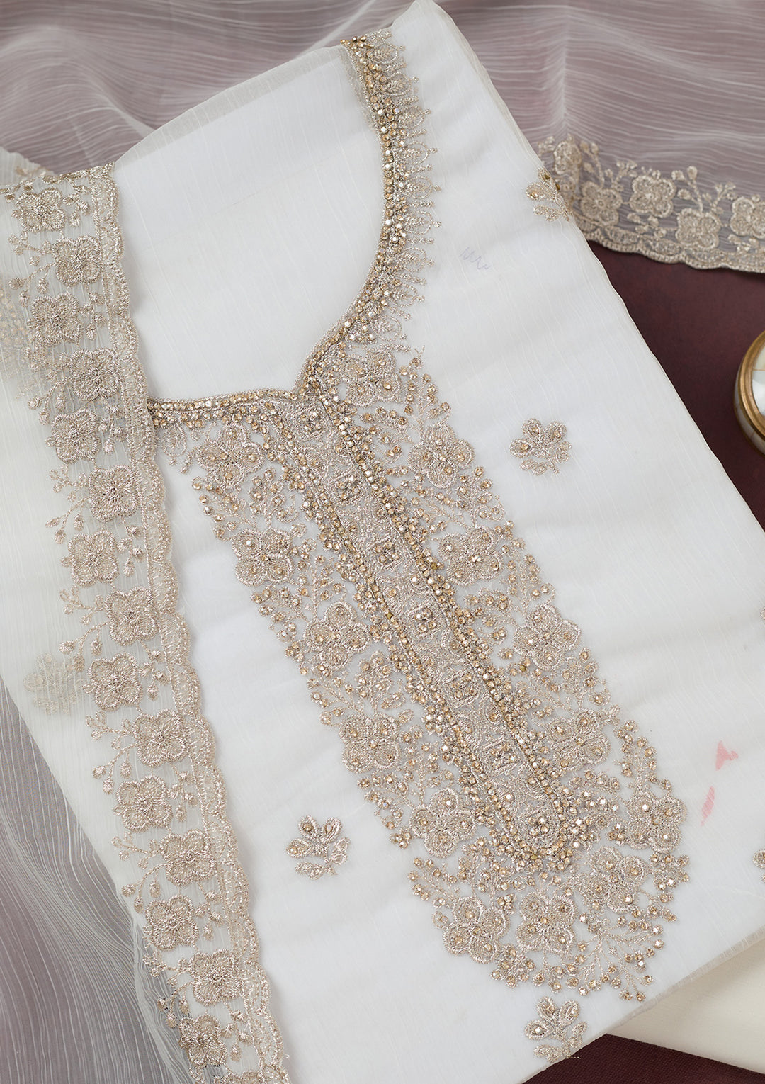 White Zariwork (Gold) Chinon Unstitched Salwar Suit