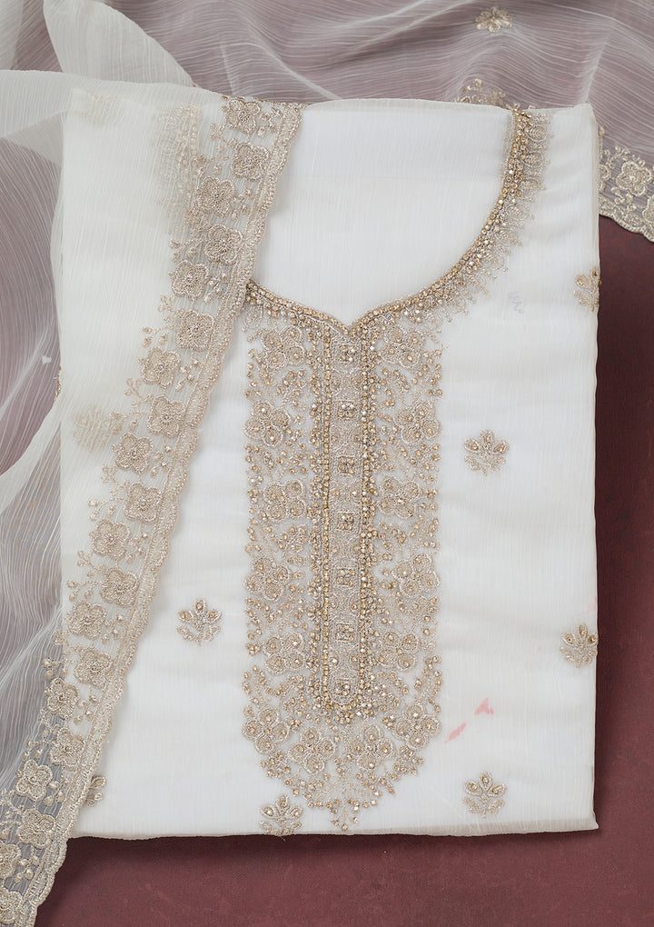White Zariwork (Gold) Chinon Unstitched Salwar Suit