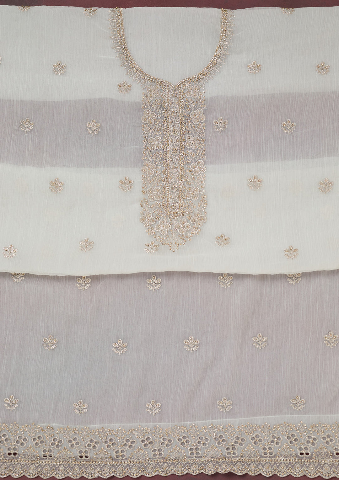 White Zariwork (Gold) Chinon Unstitched Salwar Suit