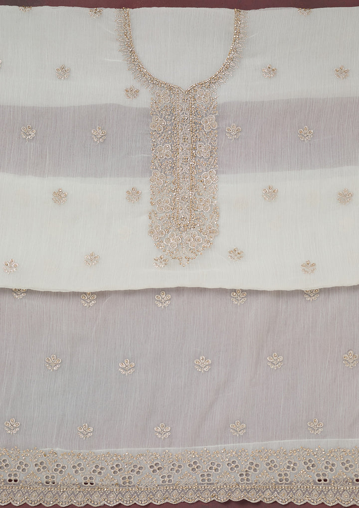 White Zariwork (Gold) Chinon Unstitched Salwar Suit