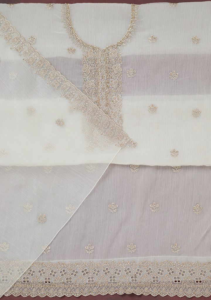 White Zariwork (Gold) Chinon Unstitched Salwar Suit