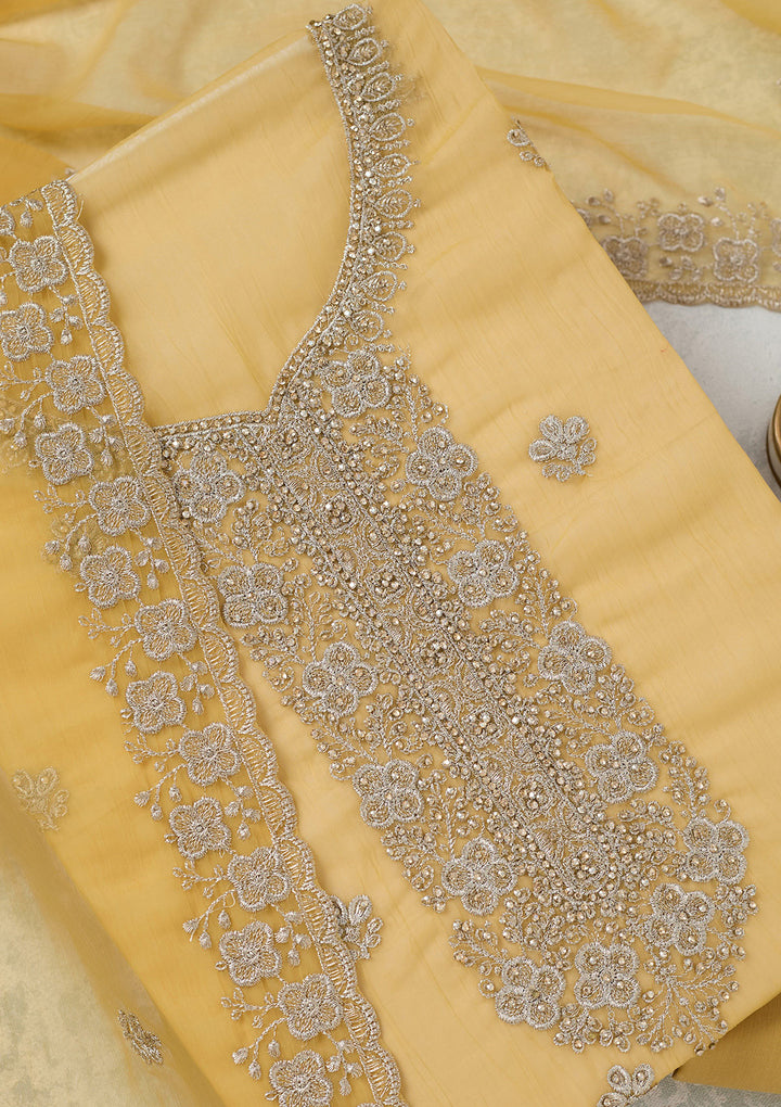 Yellow Zariwork (Gold) Chinon Unstitched Salwar Suit