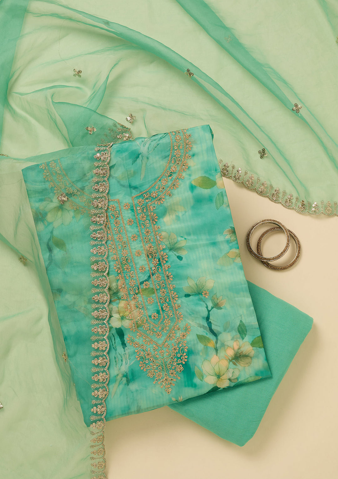 Leaf Green Zariwork (Gold) Organza Unstitched Salwar Suit