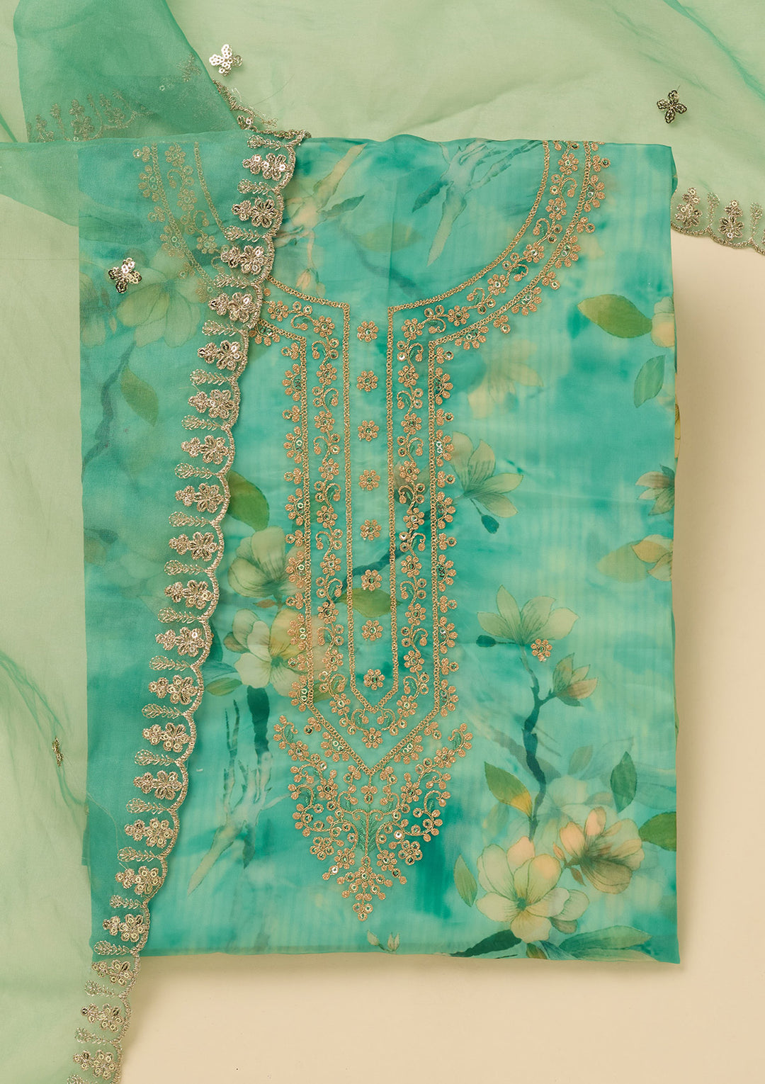 Leaf Green Zariwork (Gold) Organza Unstitched Salwar Suit