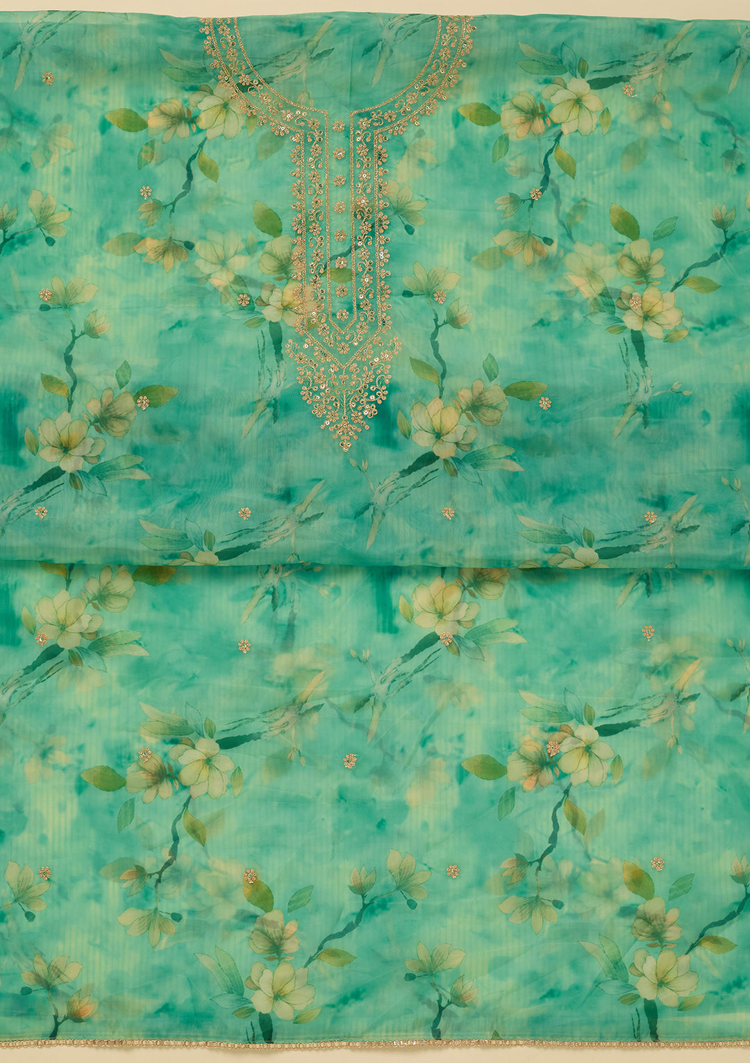 Leaf Green Zariwork (Gold) Organza Unstitched Salwar Suit