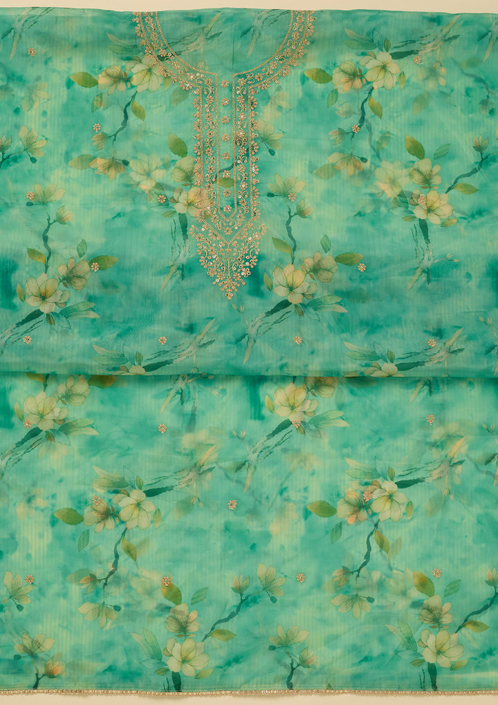 Leaf Green Zariwork (Gold) Organza Unstitched Salwar Suit