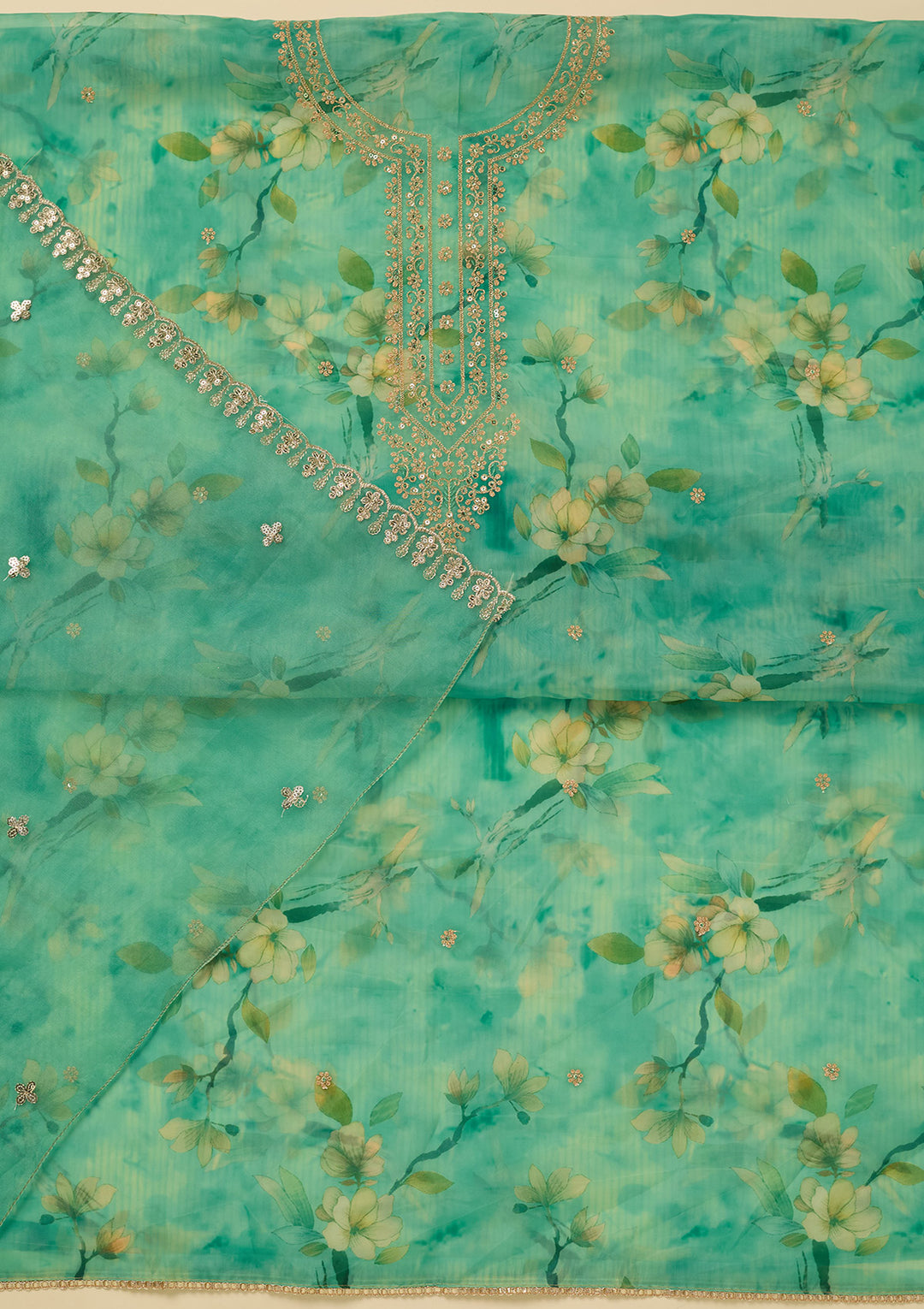 Leaf Green Zariwork (Gold) Organza Unstitched Salwar Suit
