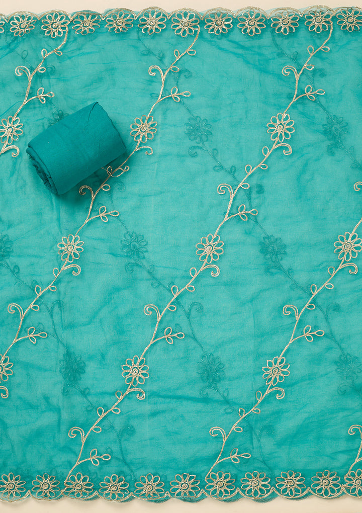 Turquoise Blue Zariwork (Gold) Organza Unstitched Salwar Suit