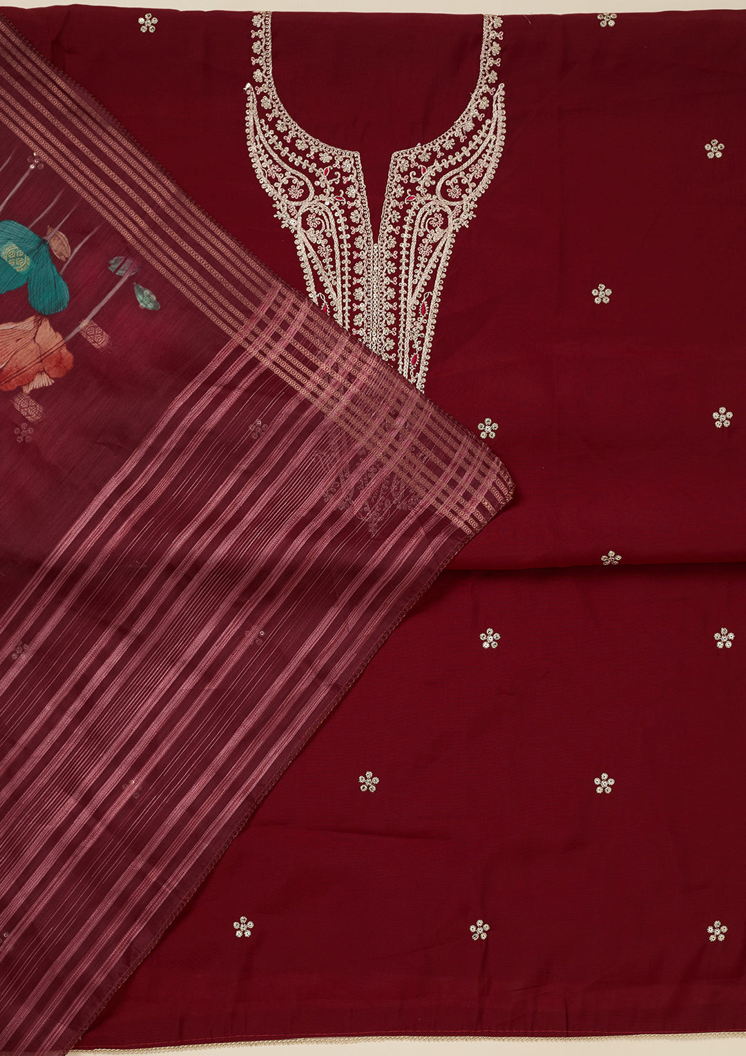 Maroon Zariwork (Gold) Dola Silk Unstitched Salwar Suit