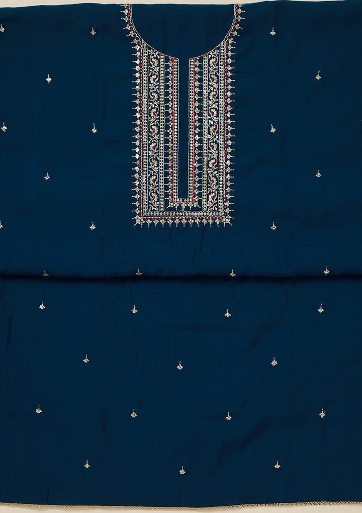 Peacock Blue Zariwork (Gold) Dola Silk Unstitched Salwar Suit