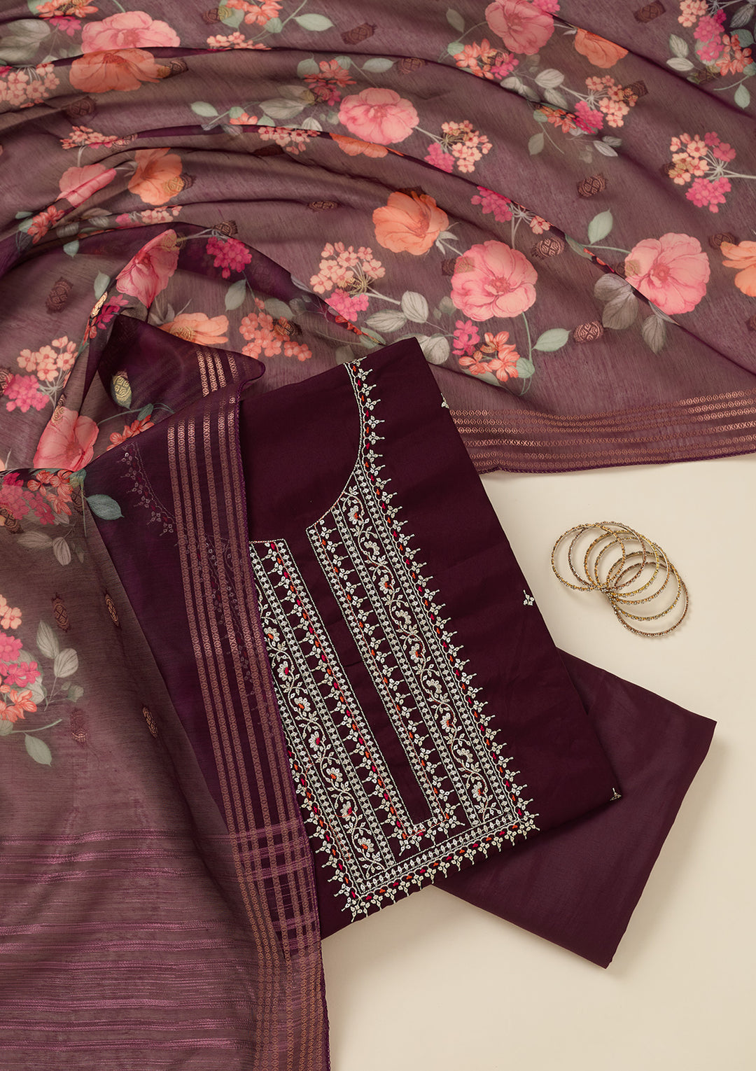 Wine Zariwork (Gold) Dola Silk Unstitched Salwar Suit