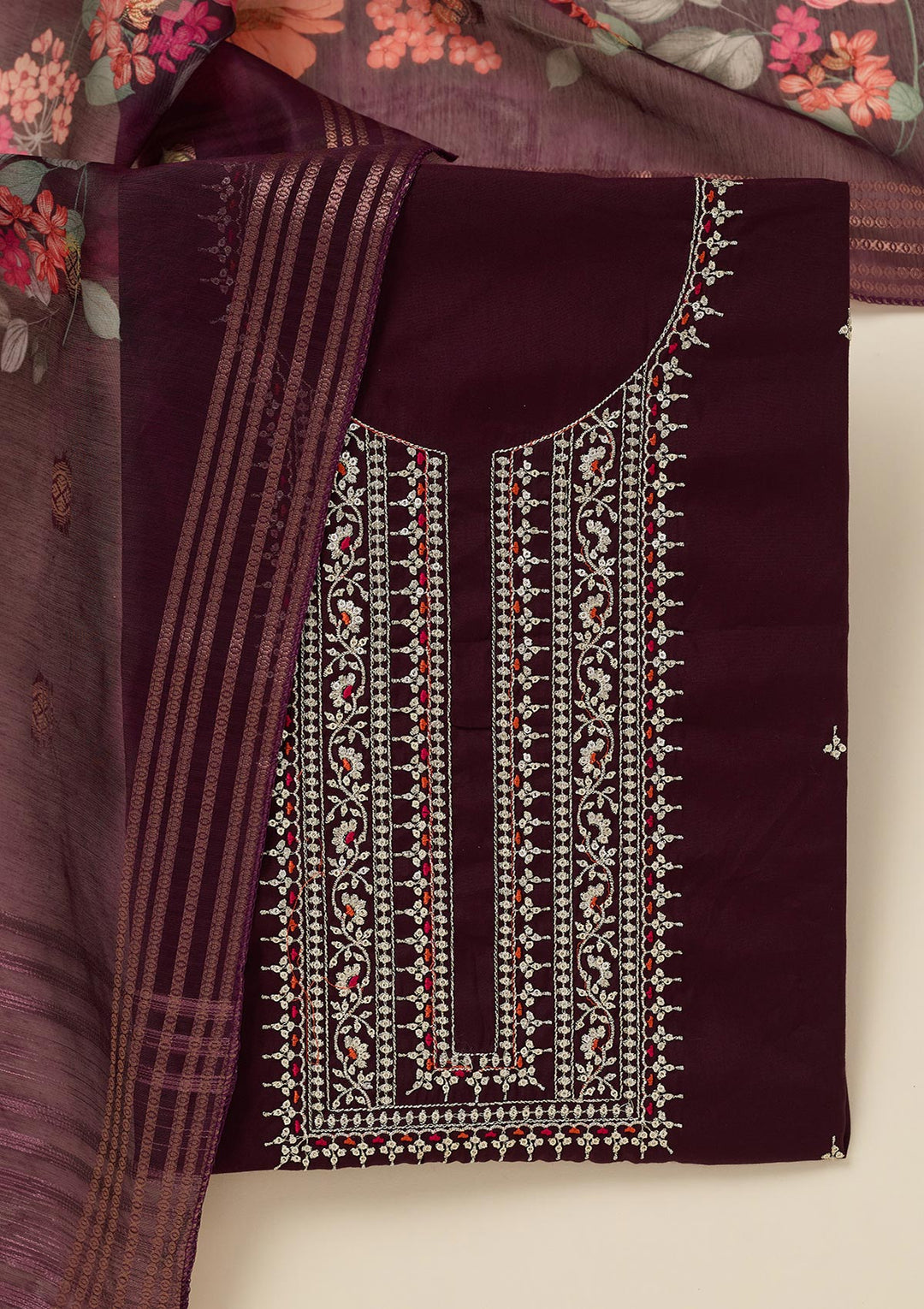 Wine Zariwork (Gold) Dola Silk Unstitched Salwar Suit