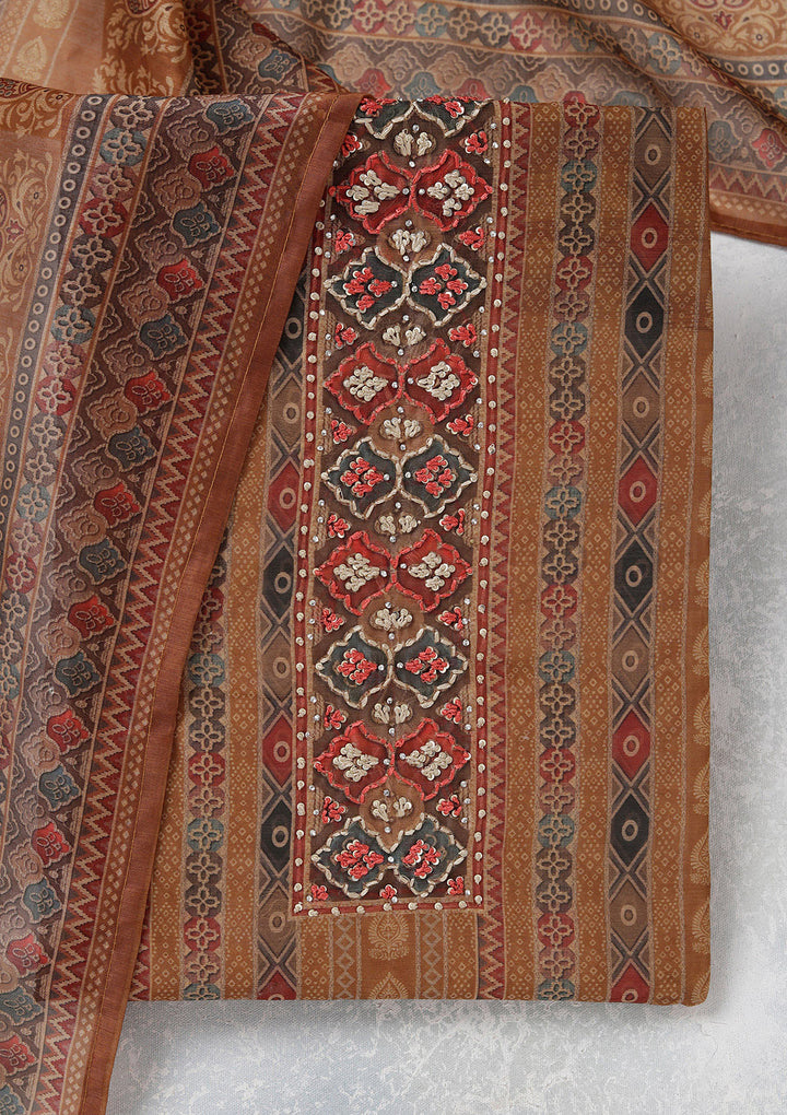 Brown Threadwork Chanderi Unstitched Salwar Suit