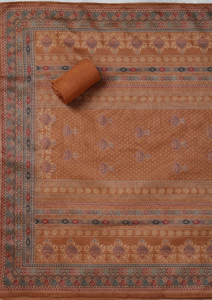 Brown Threadwork Chanderi Unstitched Salwar Suit