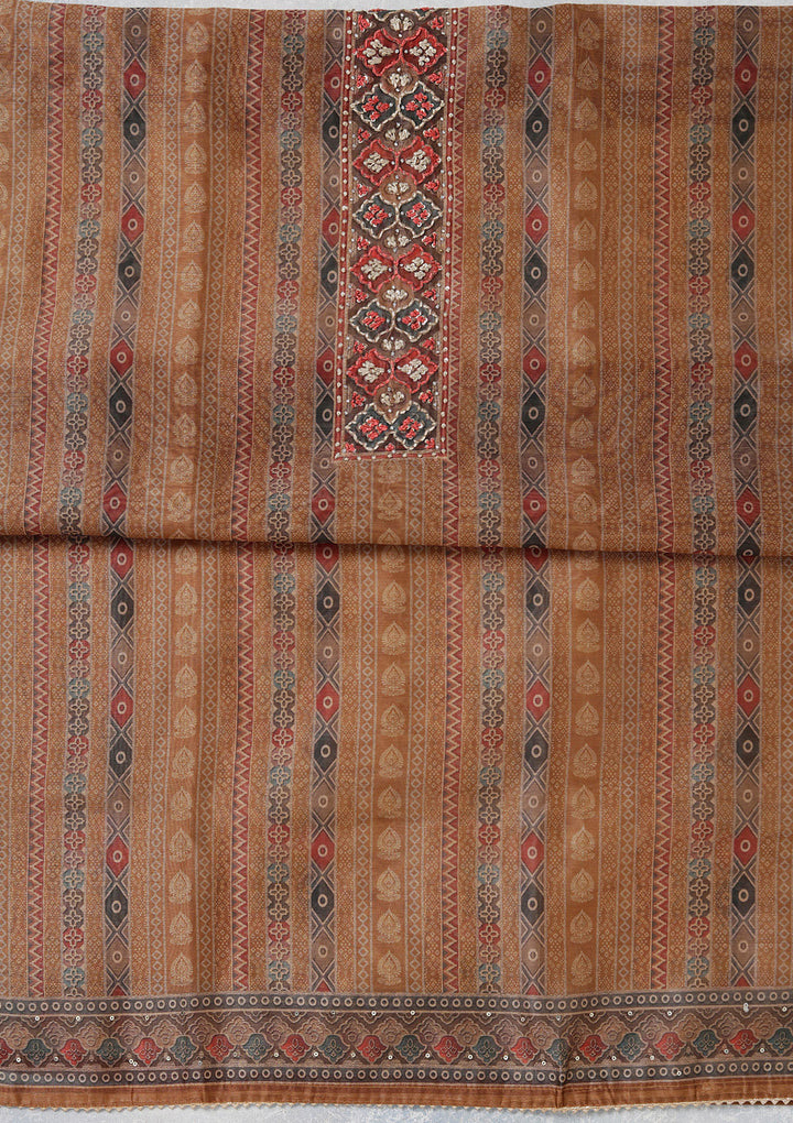 Brown Threadwork Chanderi Unstitched Salwar Suit