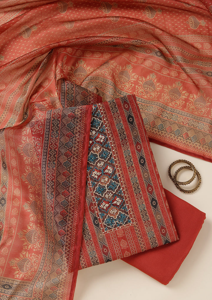 Rust Threadwork Chanderi Unstitched Salwar Suit