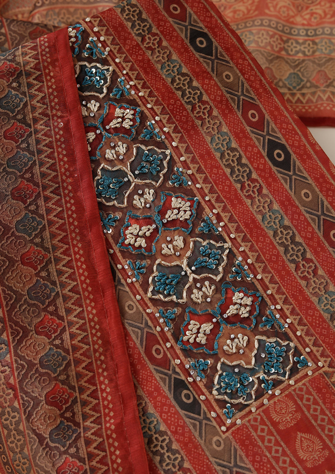 Rust Threadwork Chanderi Unstitched Salwar Suit