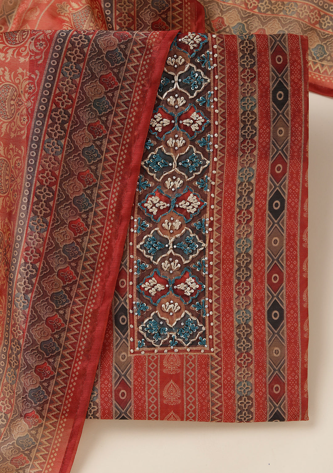 Rust Threadwork Chanderi Unstitched Salwar Suit