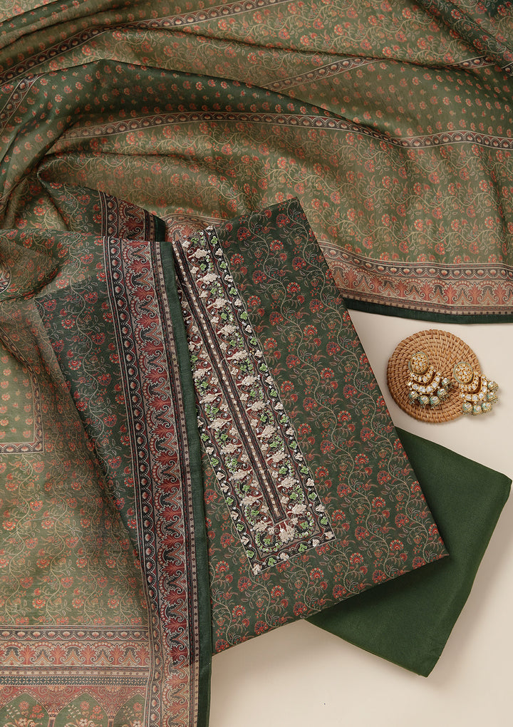 Leaf Green Threadwork Chanderi Unstitched Salwar Suit