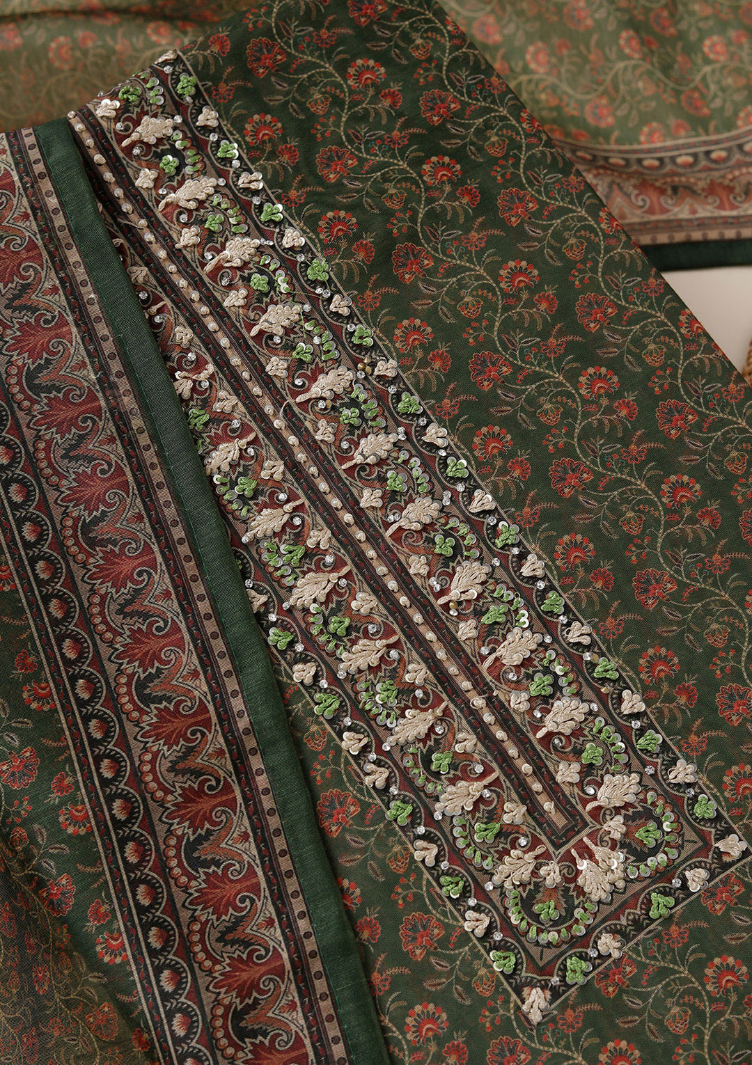 Leaf Green Threadwork Chanderi Unstitched Salwar Suit