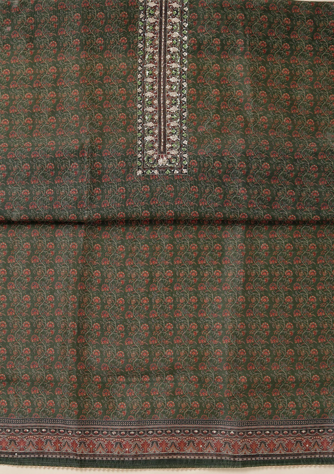 Leaf Green Threadwork Chanderi Unstitched Salwar Suit