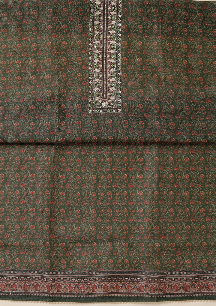 Leaf Green Threadwork Chanderi Unstitched Salwar Suit