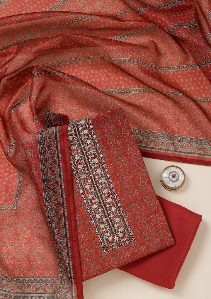 Rust Threadwork Chanderi Unstitched Salwar Suit