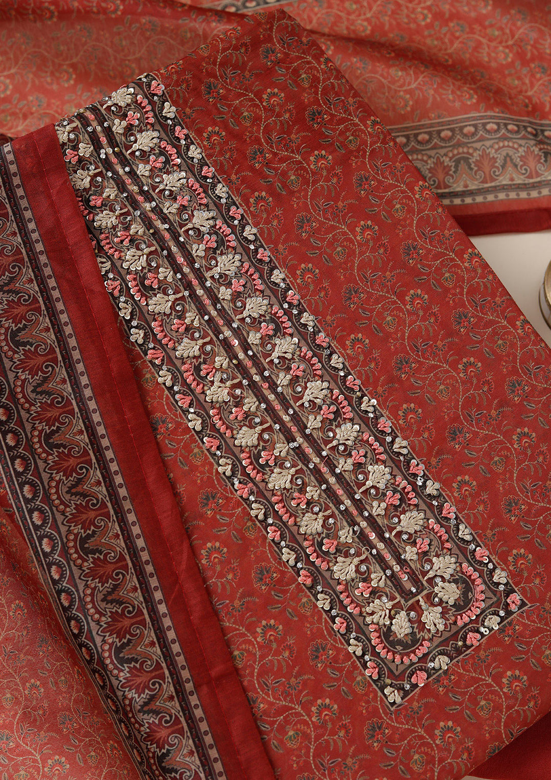 Rust Threadwork Chanderi Unstitched Salwar Suit