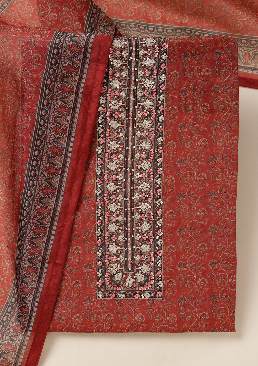 Rust Threadwork Chanderi Unstitched Salwar Suit