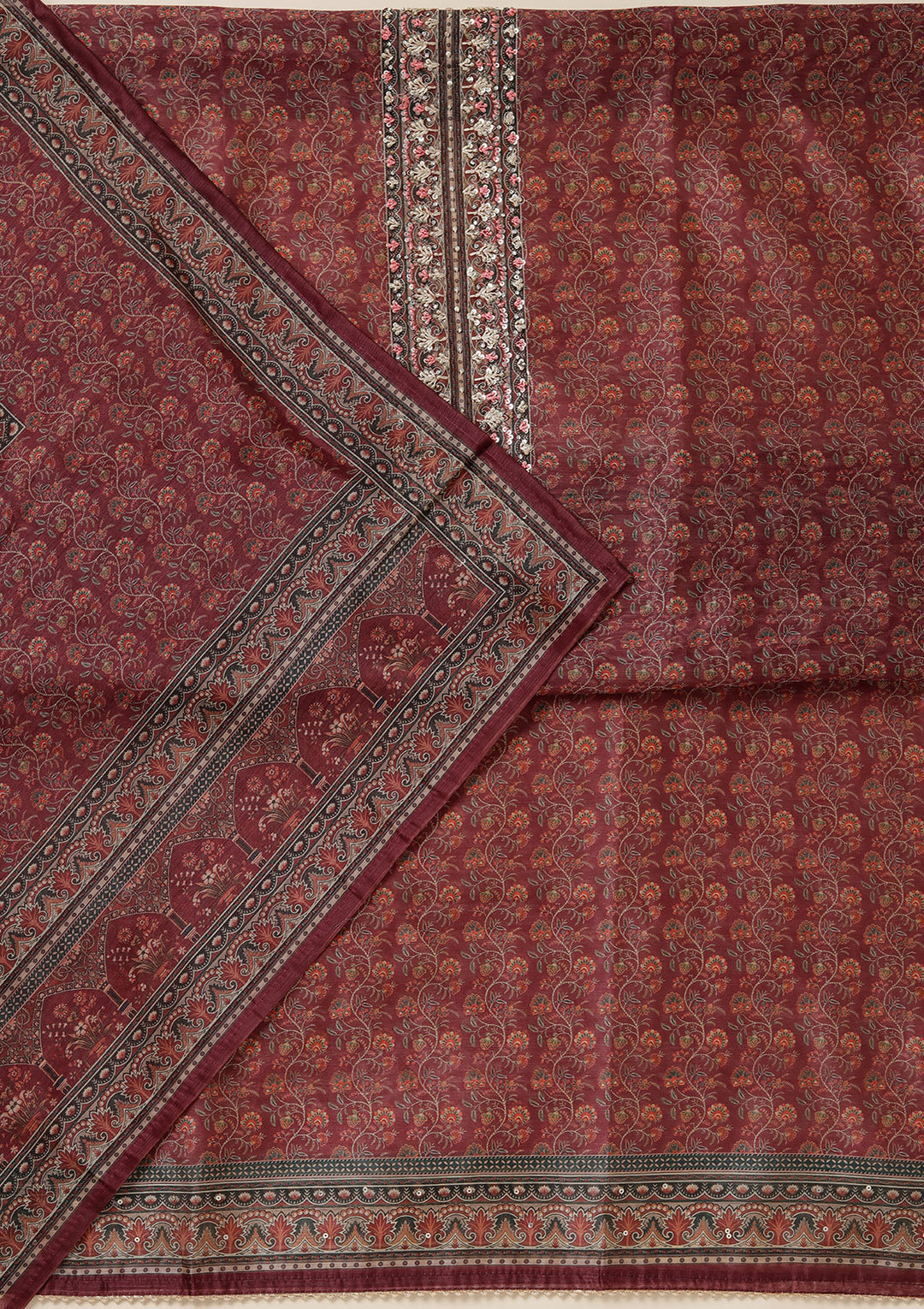 Wine Threadwork Chanderi Unstitched Salwar Suit