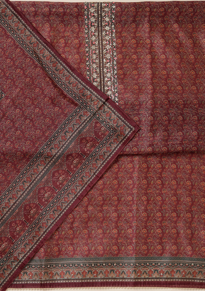 Wine Threadwork Chanderi Unstitched Salwar Suit